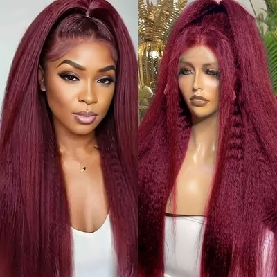 Burgundy Long Kinky Straight Synthetic Lace Front Wigs For Women Full Density