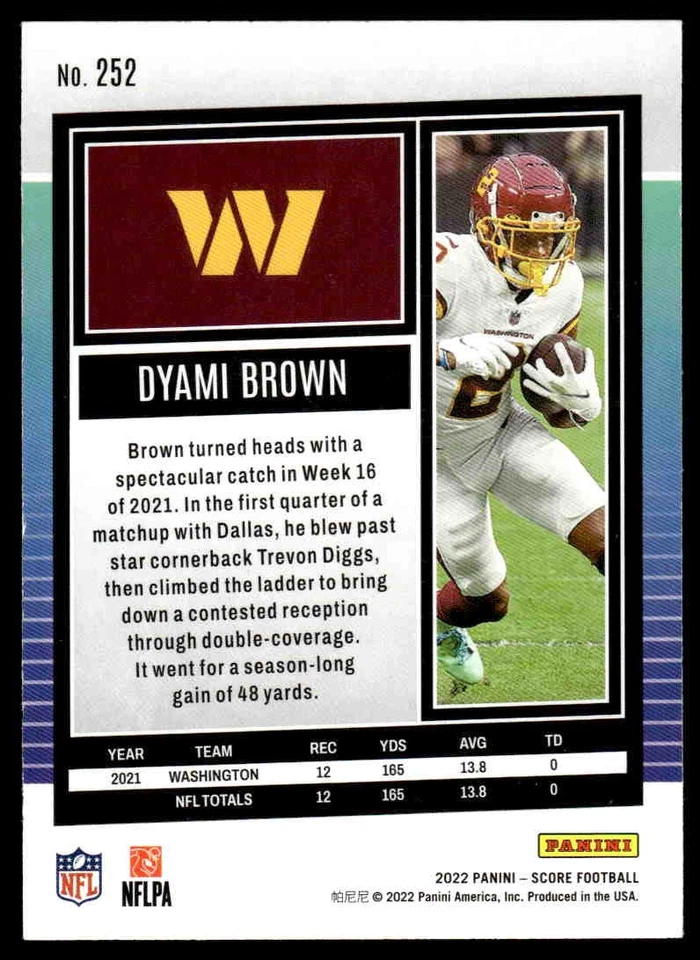 Dyami Brown Signed Auto Autographed Card 2022 Score #252 Washington Commanders - Image 2 of 2