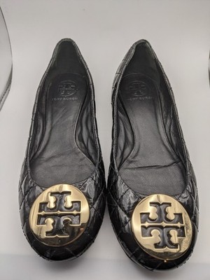 Tory Burch Size 8M Black Quinn Patent Leather Quilted Flats