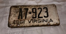 Vintage 1961 Virginia License Plate Metal Car A7-923 Original