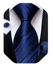 Mens Solid Color Tie and Pocket Square Set Woven Silk Plain Necktie Dark Blue