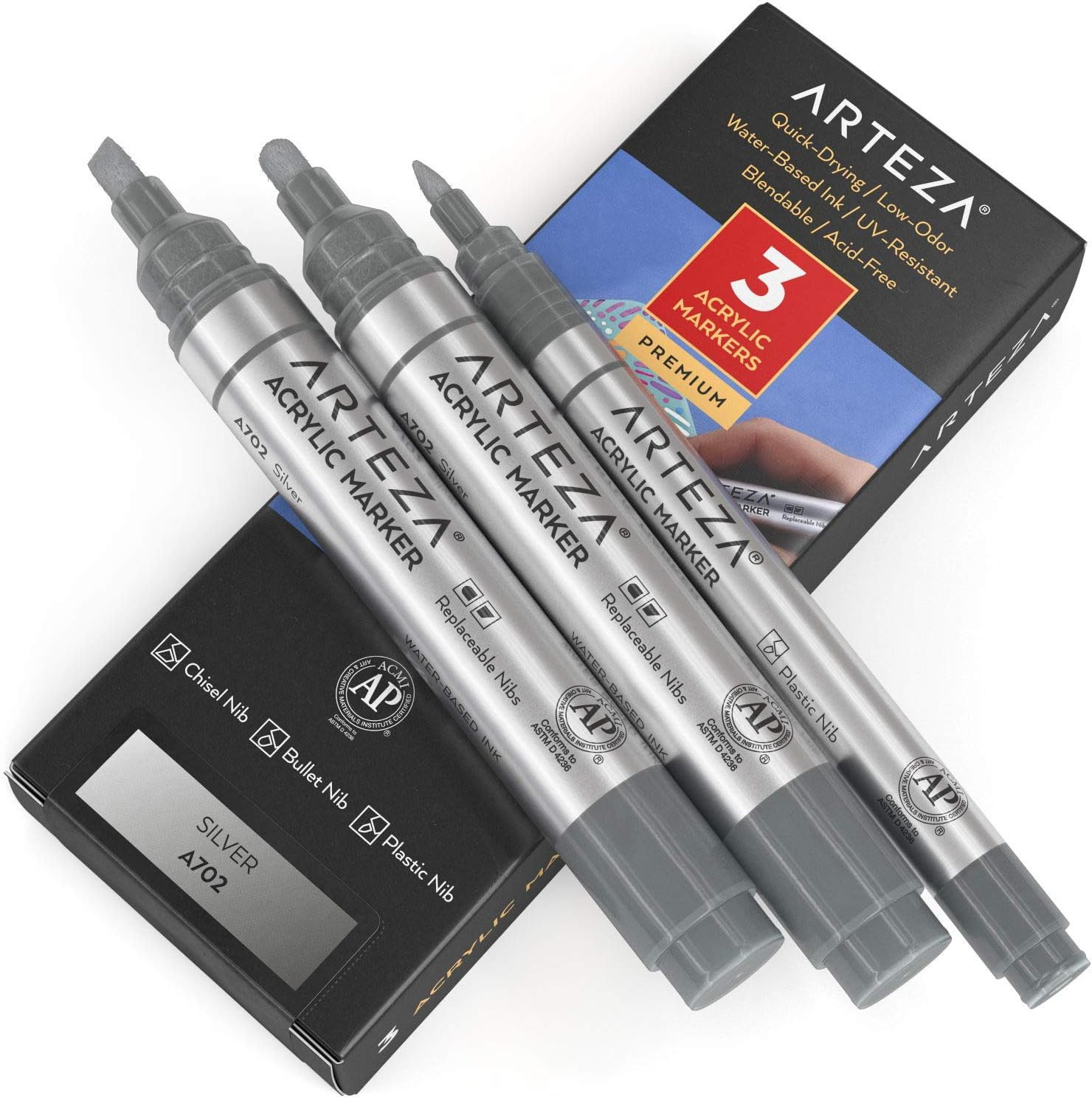 Acrylic Paint Markers, Pack of 3, A702 Silver, 1 Thin and 2 Thick, Chisel + Bull