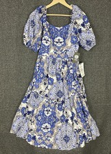 Vince Camuto Puff Sleeve Tiered Midi Dress Size 8 Blue Multi Fit Flare NWT