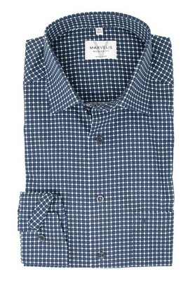 Marvelis Herren Businesshemd Modern Fit Kent Kragen Langarm Muster Dunkelblau/We