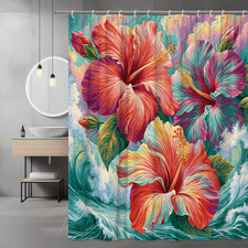 Tropical Hibiscus Floral Shower Curtain Colorful Ocean Waves