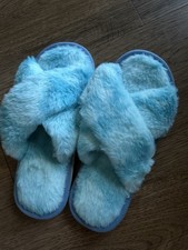 Women s Fluffy Fuzzy Slippers Open Toe House Soft Plush Sandals Blue Size 38-39