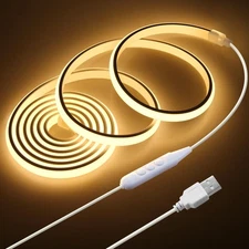 USB COB LED Strip Light Waterproof 5V 6.6FT 3000K Warm White COB LED Rope Lig