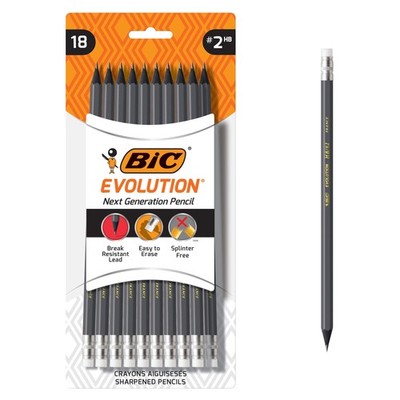 BIC Evolution Cased Pencil, #2 Lead, Yellow 18 Count (Pack of 1), Gray