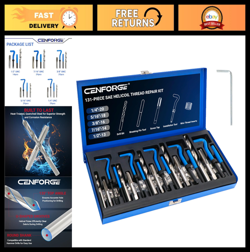 Thread Repair Kit 131-Piece SAE Inserts & HSS Drill Bits | 1/4" to 1/2" Sizes | - Foto 1 di 8