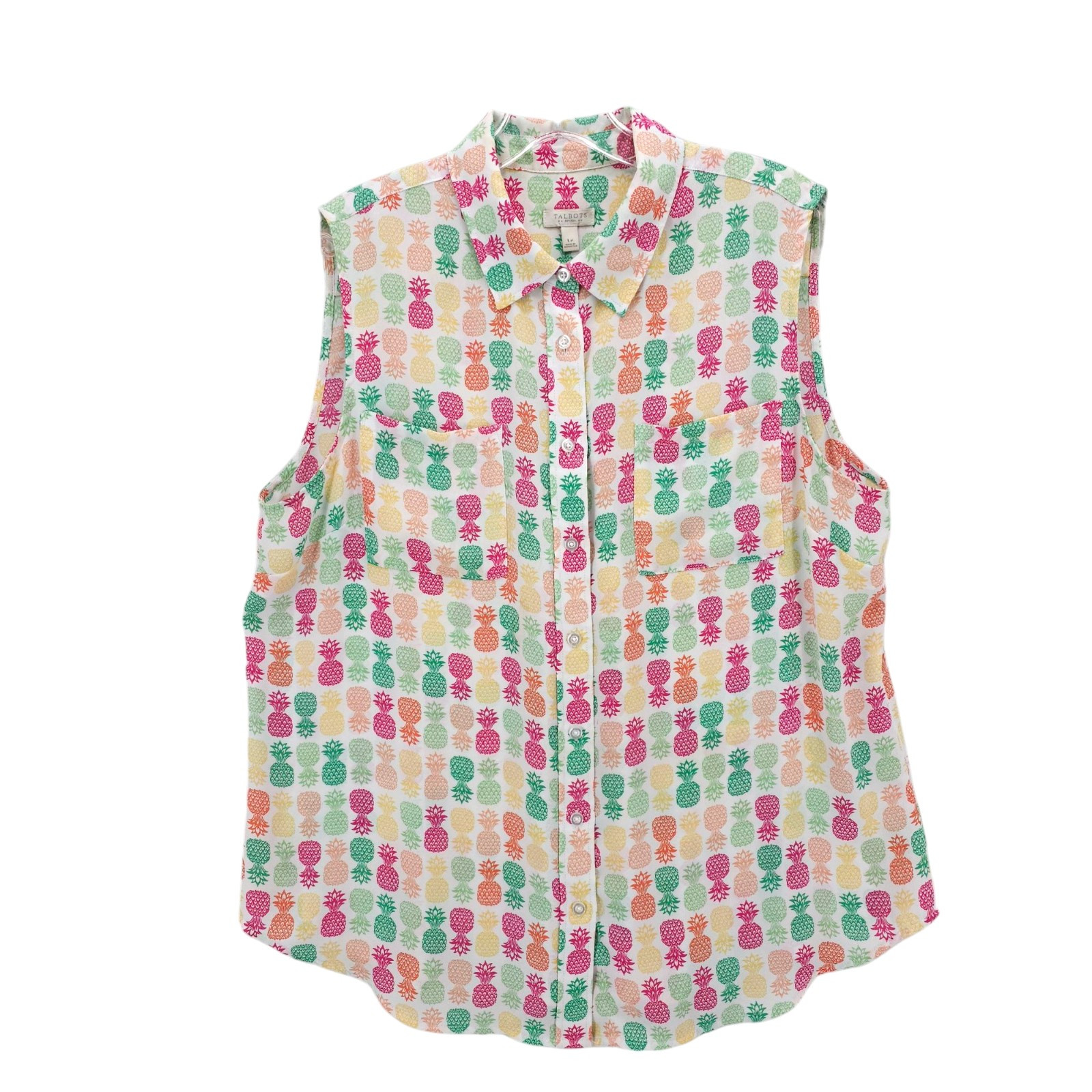 TALBOTS Sleeveless Colorful Top Pineapple Print Button Up Shirt PETITE LARGE