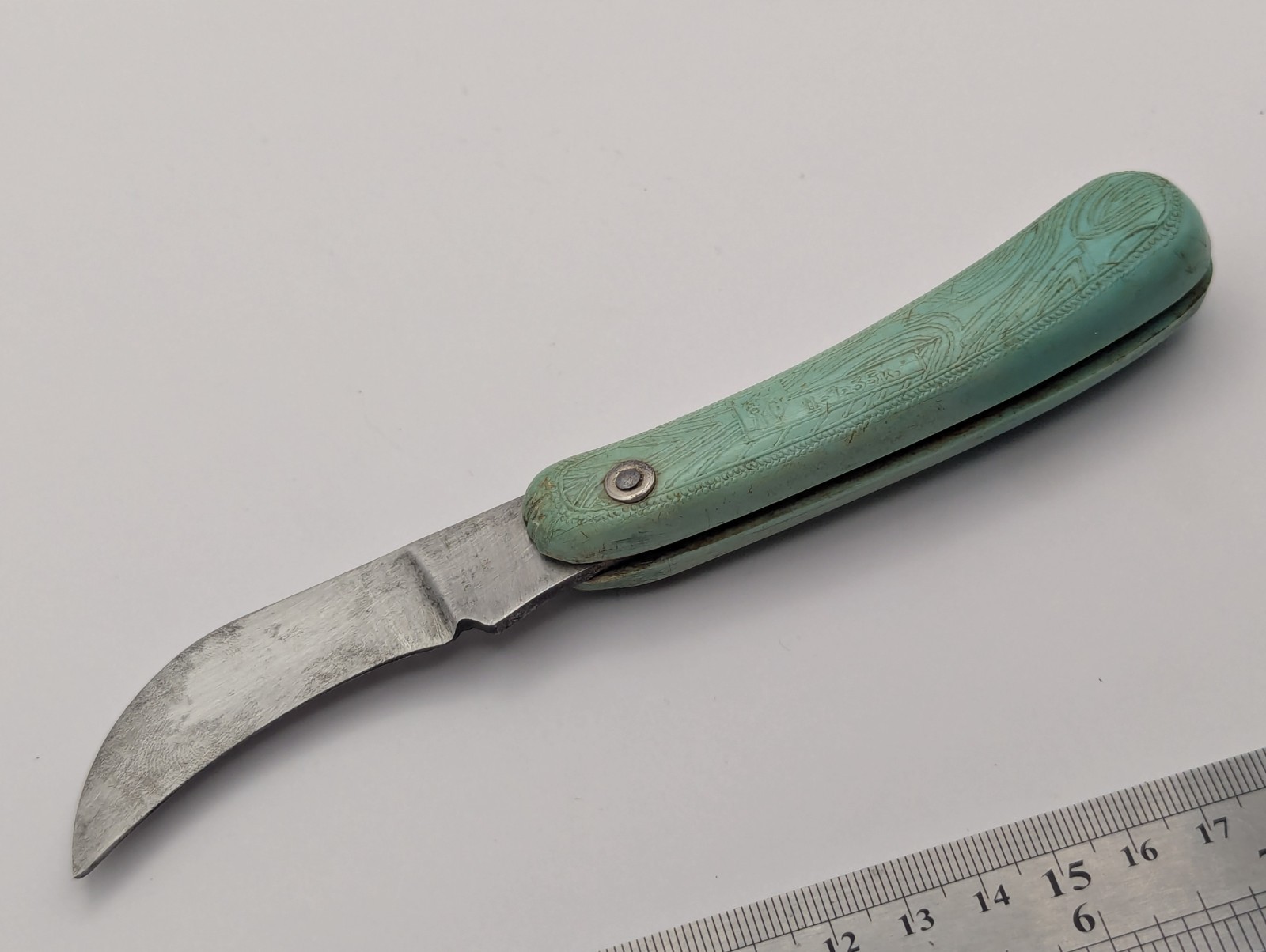 Vintage Soviet Gardening Pruning Knife Green Plastic Handle Curved Blade USSR