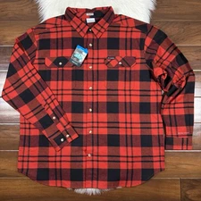 Columbia Mens Sz XXL Red Black Plaid Flare Gun Stretch Flannel Shirt Long Sleeve