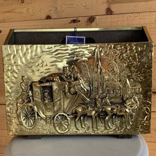 Vtg MCM Hammered Brass & Wood Magazine Holder Rack Stagecoach England