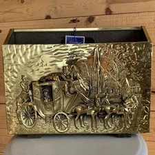 Vtg MCM Hammered Brass & Wood Magazine Holder Rack Stagecoach England