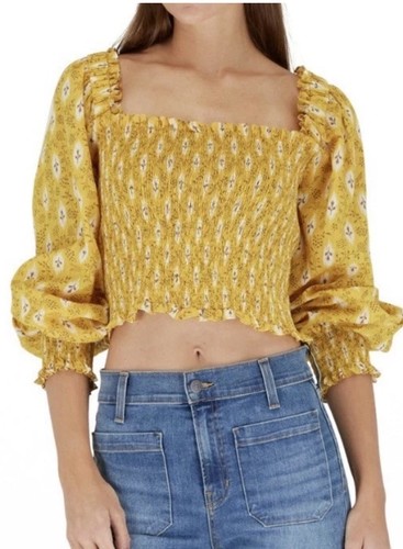 Veronica Beard Shirt Womens 6 Yellow Emerie Smocked Crop Top Cottage Milkmaid