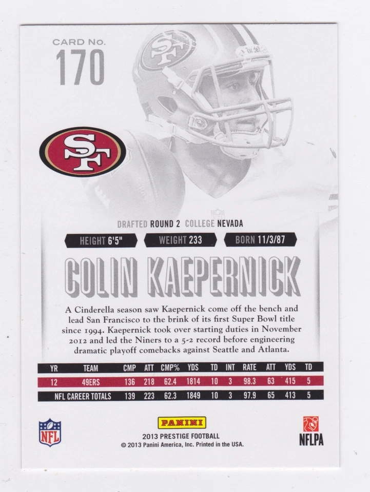 2013 Panini Prestige - Colin Kaepernick #170 - Image 2 of 2