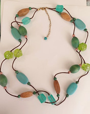 Vintage Boho Wooden Beaded Necklace Shades of Aqua, Green Acrylic, Leather Cord