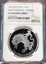 2000 ARGENTINA SILVER 25 PESOS COWBOY NGC PF 69 ULTRA CAMEO RARE TOP POP