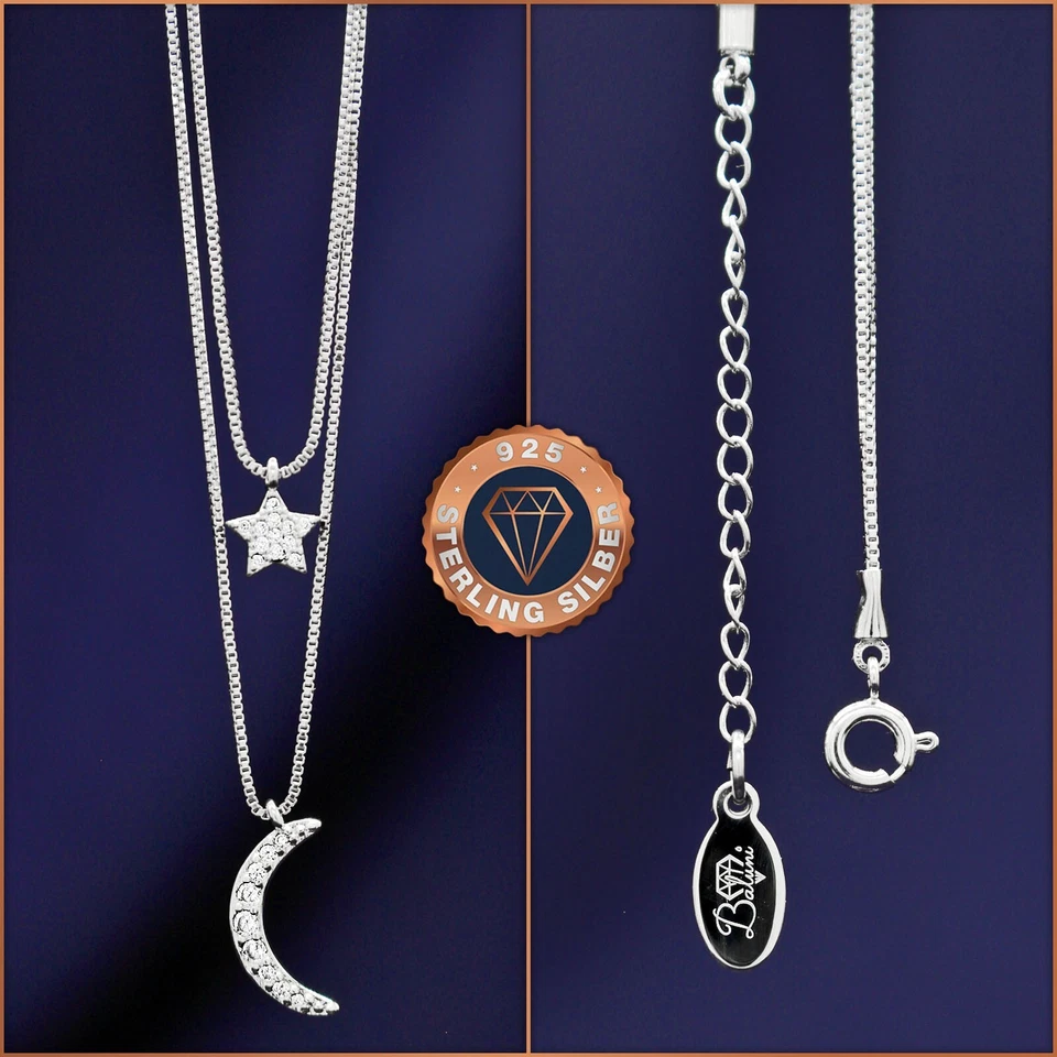Mond-Stern-Doppel-Halskette 925 Sterling-Silber, +Etui, Weihnachtsgeschenk - Bild 3 von 4