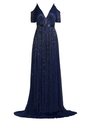 MAC DUGGAL Size 10 Cold Shoulder Sequin Blue Dress $598 | eBay