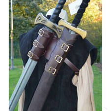 Retro Cosplay Medieval Leather Warrior Back Scabbard For Double Sword Holder #LI