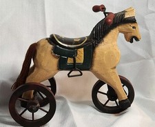 Vintage Wooden And Metal Hand Carved And Painted Horse Tricycle Folk Art 8 - 9"