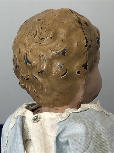 15” Antique German Metal Tin Head Doll Painted Face & Eyes Leather Body #SA - Picture 9 of 22