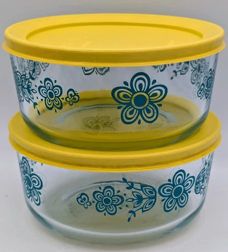 2 Pyrex Turquoise Butterfly Pattern 1970's Storage Bowls Yellow Lids 4 Cup Size