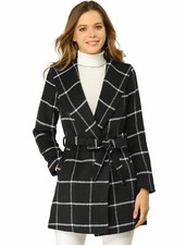 Allegra K Women's Plaid Belted Shawl Collar Wrap Winter Coat