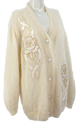 Vintage Mohair Strickjacke 80er Rosen Stickerei Ballonärmel Elfenbein Relaxed Fit