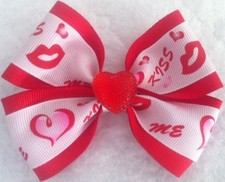 Girls Hair Bow 4" Wide Lips Hearts Kiss Red Grosgrain Ribbon Alligator Clip