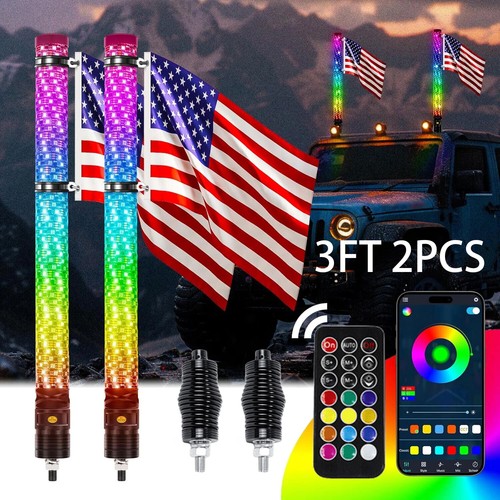 2x 13FT Thick LED Whip Spiral Chasing RGB Fat Whip Light For Can Am Polaris RZR