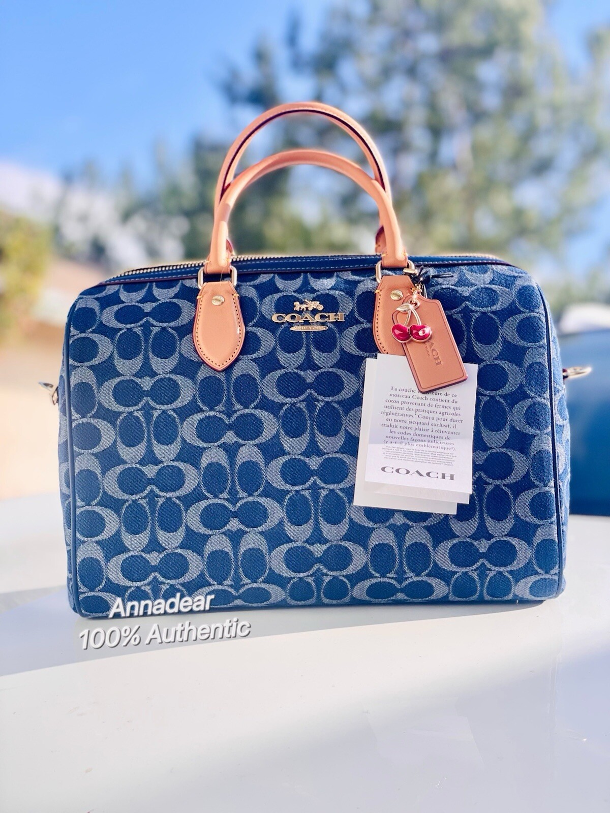 NWT Coach Rowan Large Denim Satchel with Signature Cherry Charm CY699