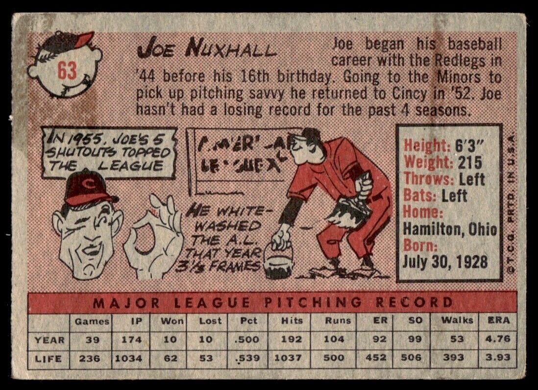 1958 Topps Joe Nuxhall crease Cincinnati Reds #63