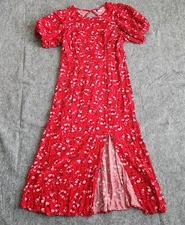 Old Navy Puff Sleeve Floral Maxi Shift Dress L Red Smocked Cottagecore Milkmaid