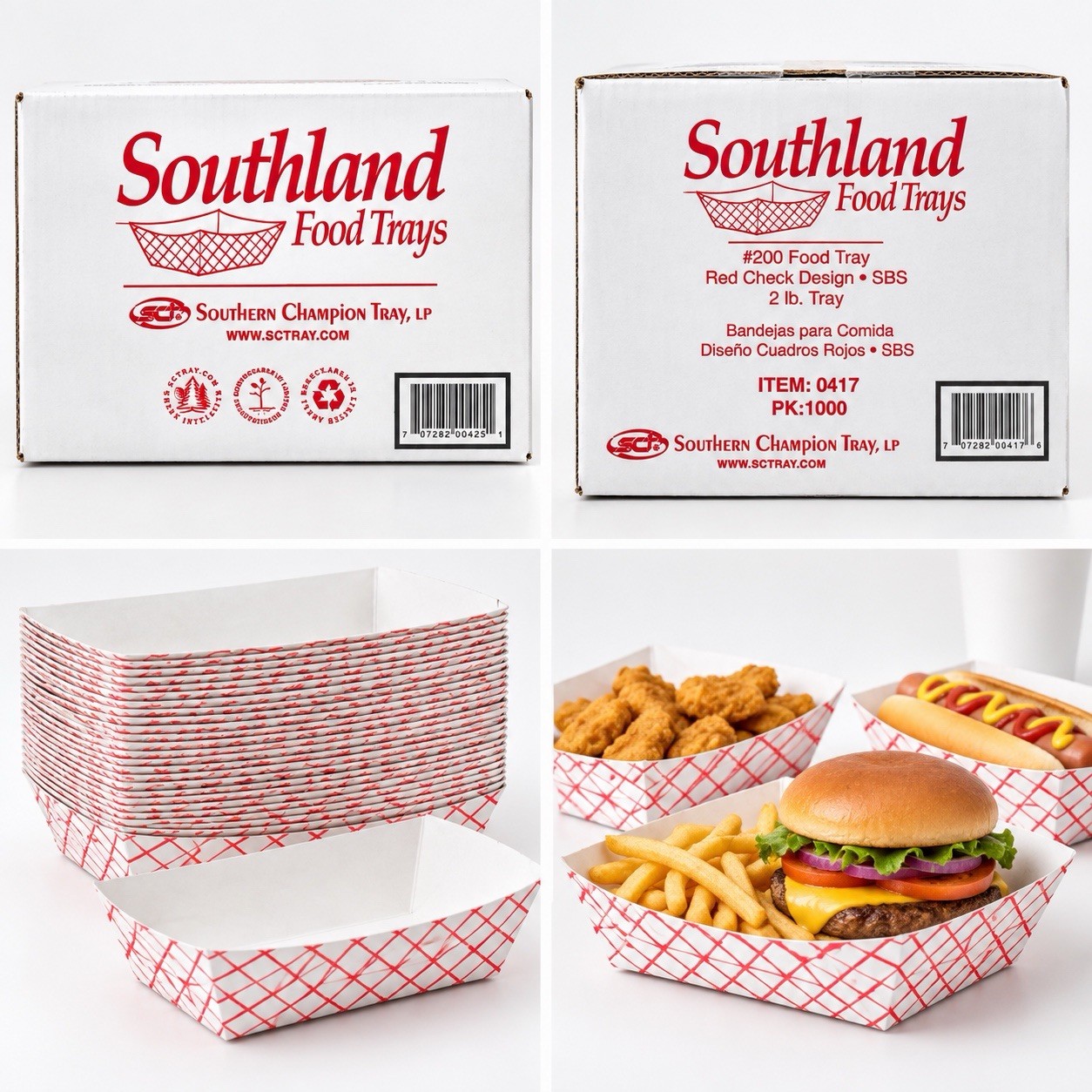 Southland #200 1000 Ct Food Trays Red Check SBS 2 lb Disposable Paper Food Boats
