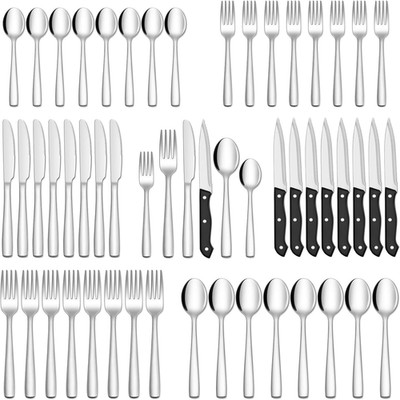 HIWARE 48-Piece Silverware Set with Steak Knives for 8, 18/8 Stainless Steel Fla
