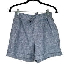 Uniqlo Blue Linen Cotton Blend Front Tie Elastic Waist Shorts Size XS