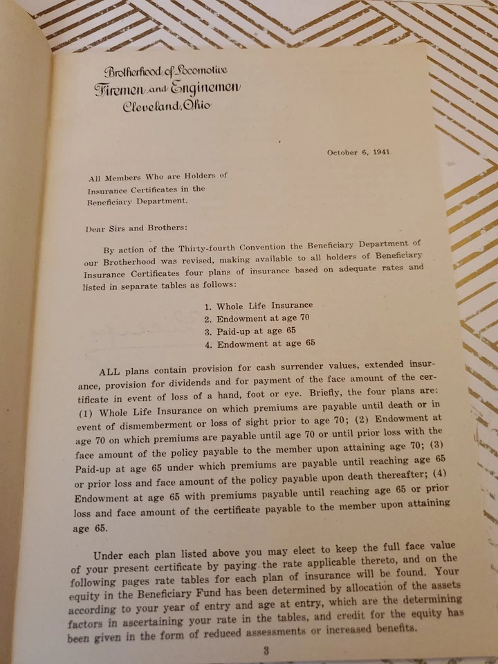 1941 Brotherhood of Locomotive Fireman Enginemen Booklet of Options w Envelope  - Image 4 of 4