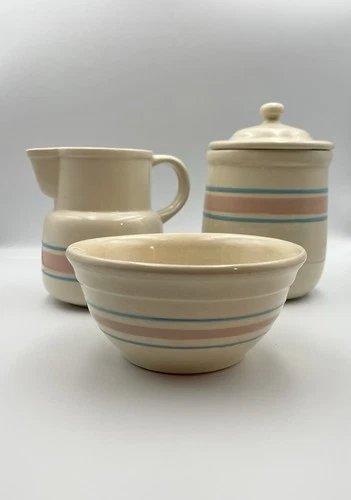 3pc Vintage McCoy Pink Blue Stripe Pottery Canister Pitcher Bowl Farmhouse