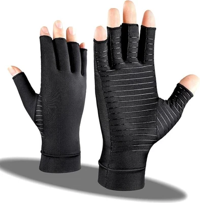 Copper Compression Gloves Anti Arthritis Fingerless Hand Support Pain Relief UK - Image 1 of 4