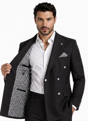 Luxus Herren Anzug Schwarz Silberne Knöpfe Extrem Stretch & Bügelfrei Slim Fit