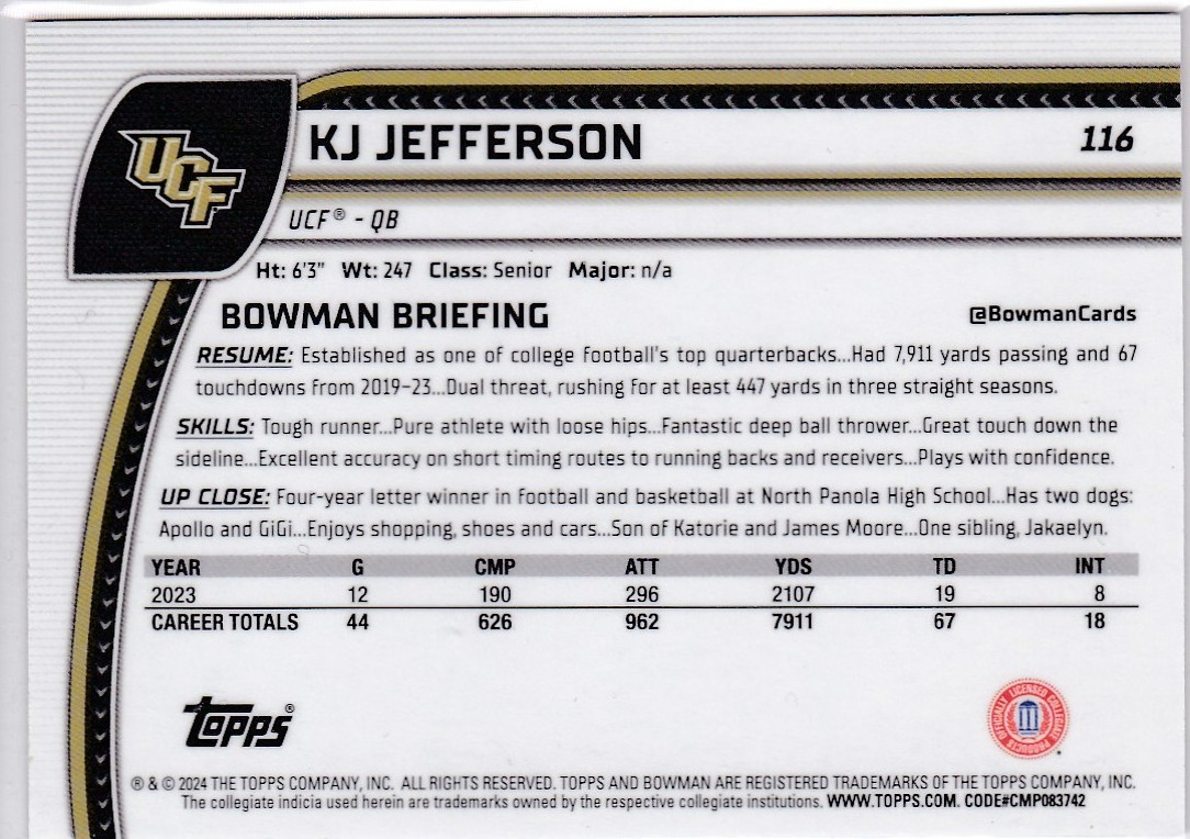 2024 Bowman Chrome U KJ JEFFERSON Pink Lava Refractor #116 UCF