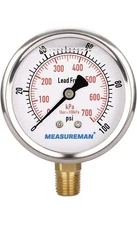 MEASUREMAN 2" Dial Size, Glycerin Filled Plumbing Pressure Gauge, 0-100psi