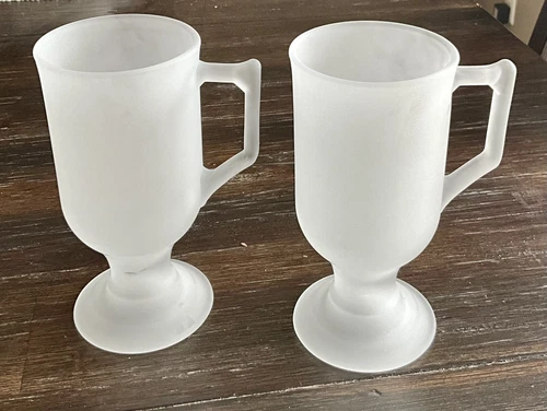 Frosted Glass Pedestal Footed Irish Coffee Cups/Mugs With D Handles - Set Of 2