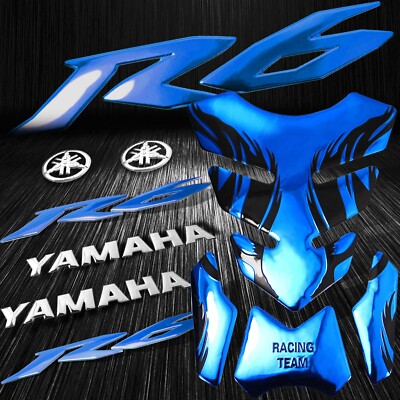 Chromed Blue Tribal Fire Tank Pad+YZF-R6 Emblem Sticker+6''Silver Logo&Letter Kit