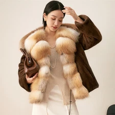 New Trendy Women's Real Mink Fur Coat Genuine Golden Island Fox Fur Trim Outwear
