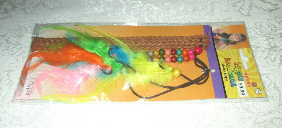 Groovy 60's Hippie Headband with Beads and Feathers 1 PC New in Package - Image 3 of 4