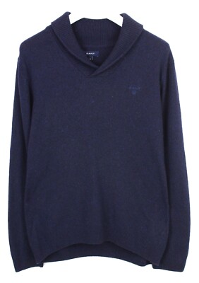 GANT Pullover Herren Groß Pullover Lammwolle Mischung Schalkragen Blau