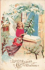Postcard c1910 Flying Angel Tree Apples Window Christmas Austria P448